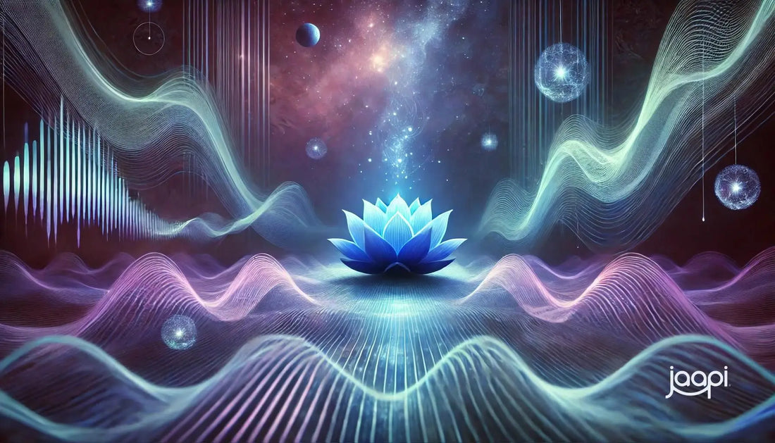 Glowing blue lotus flower representing throat chakra affirmations in a cosmic setting.