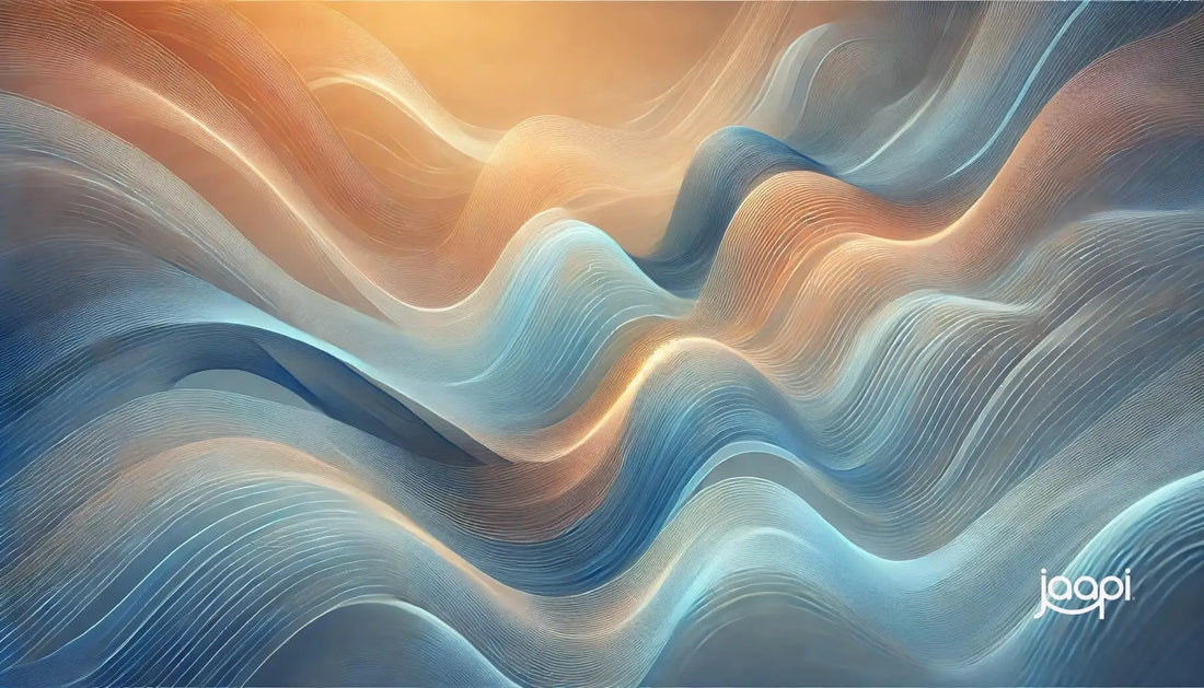 Abstract wavy pattern in blue, white, and orange enhancing Violet Flame Meditation ambiance