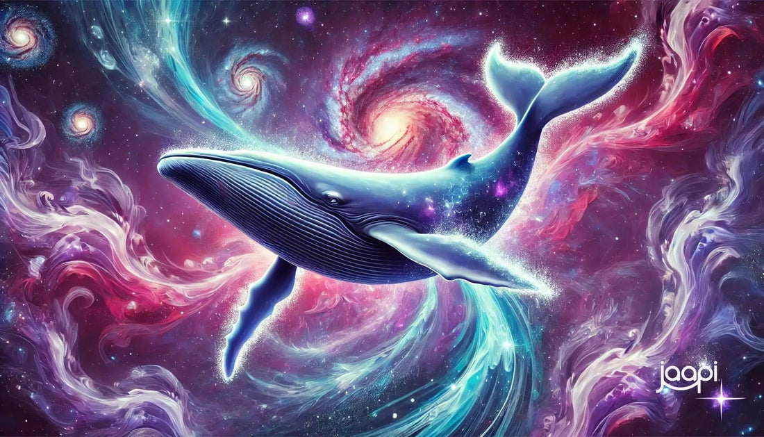 Majestic cosmic whale swimming through a vibrant cosmic nebula in space whale art.