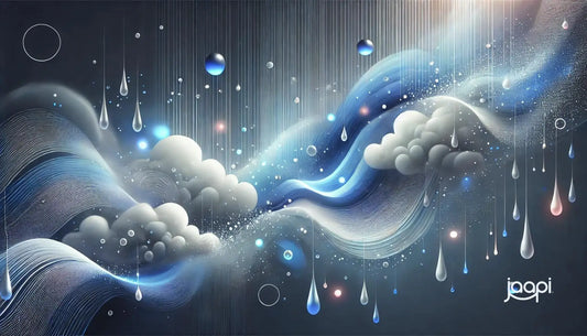 Swirling abstract clouds and blue forms evoke serenity in heavy rain and distant rumble.