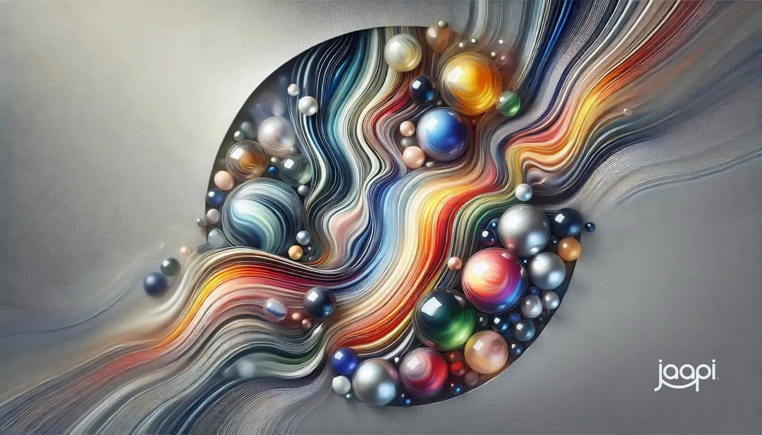 Swirling abstract composition of colorful waves and spheres representing sound healing frequencies.