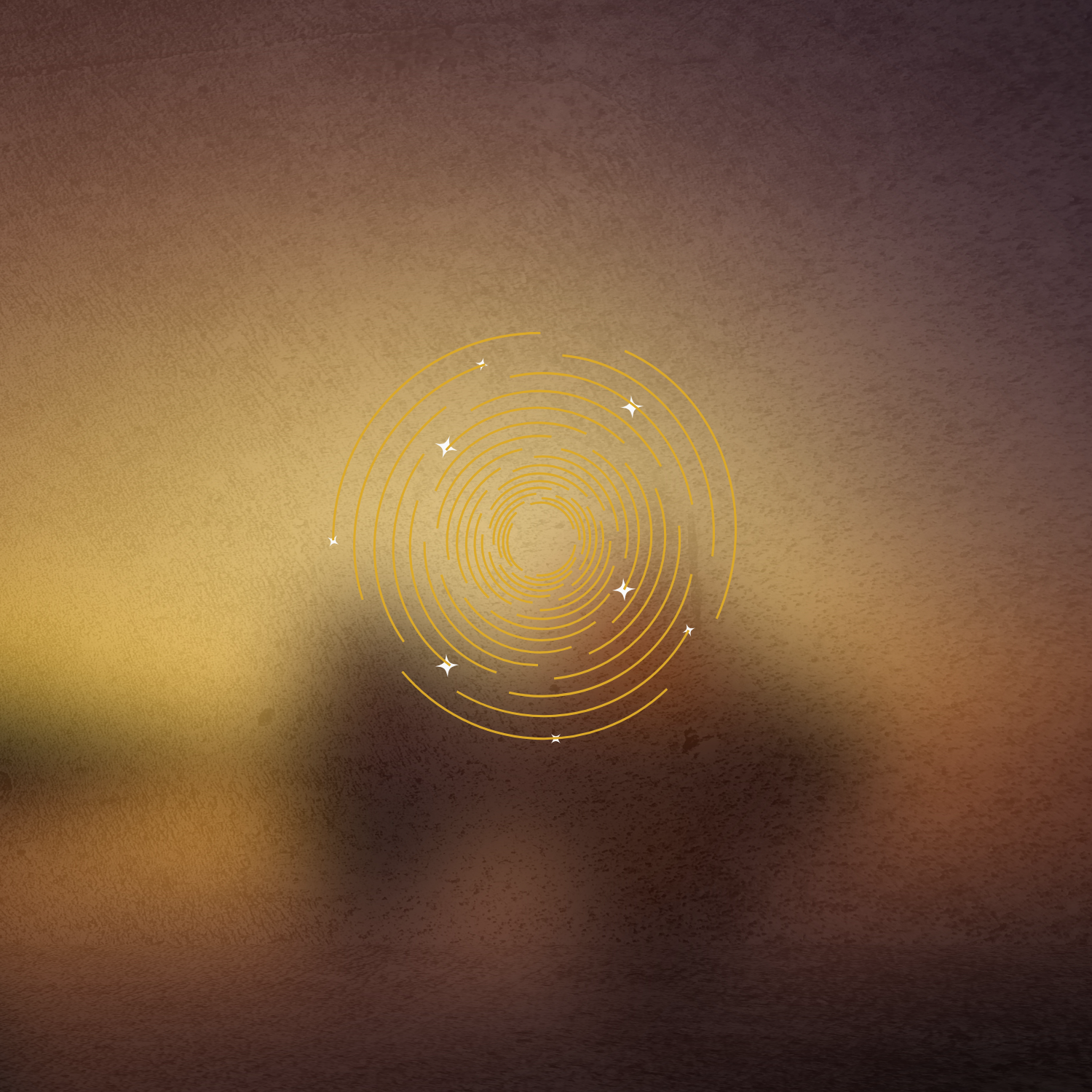 Gold circular design with radiating lines on a brown gradient background
