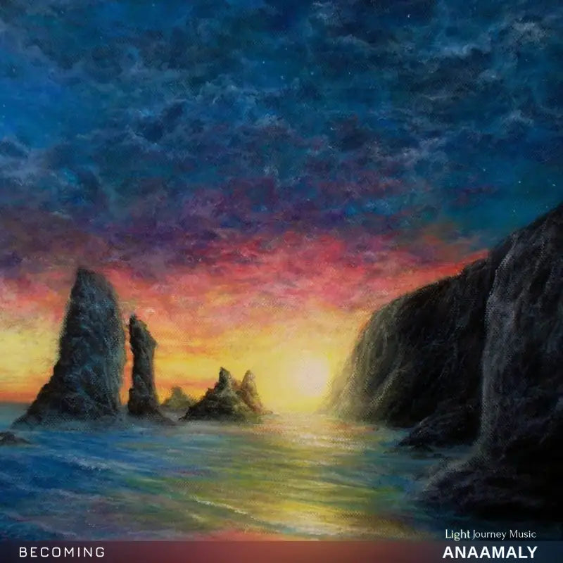 Album cover for Becoming featuring a peaceful merging coastal sunset seascape