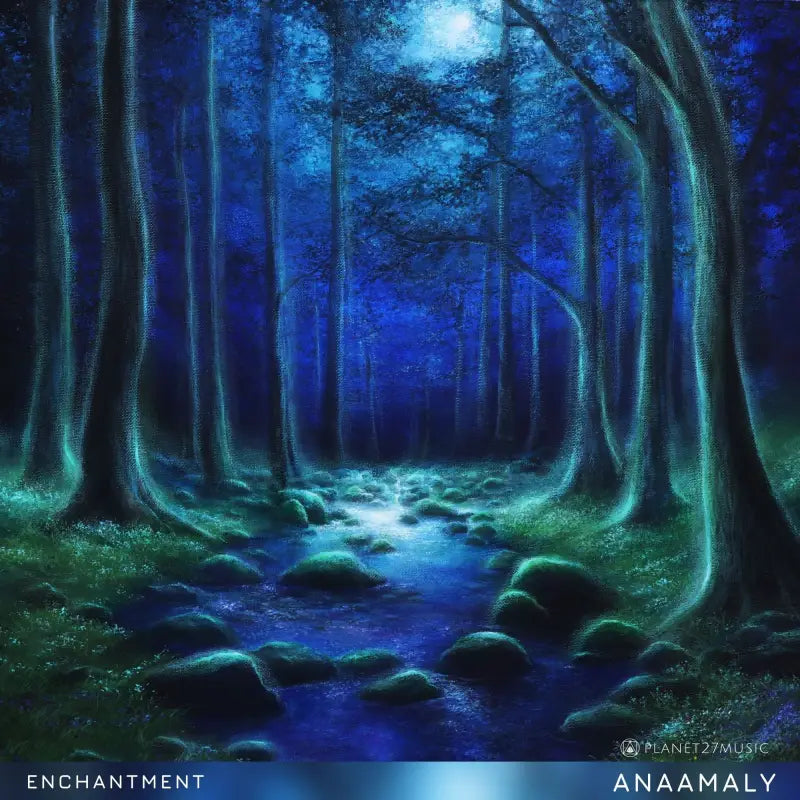 Moonlit forest stream in mystical blue-green ambiance for stimulating deep restful sleep