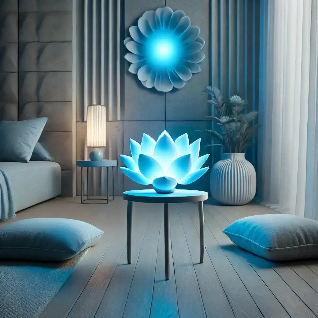 A tranquil modern meditation space with soft blue hues dominating the scene. A glowing blue lotus on a small table symbolizes the Throat Chakra