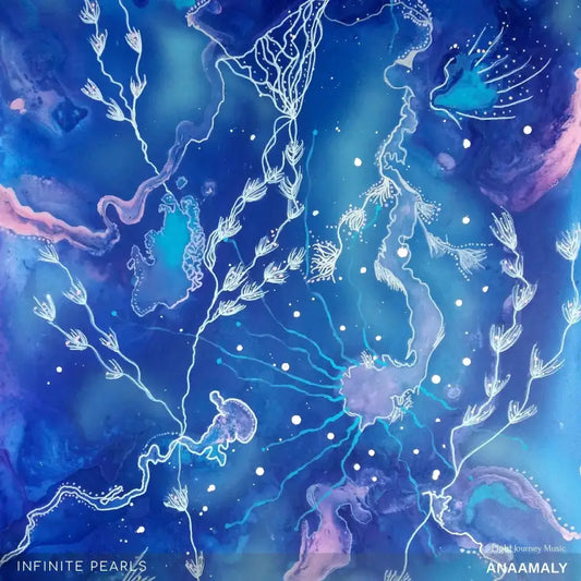 Abstract underwater scene with jellyfish forms glowing with Infinite Pearls vibes