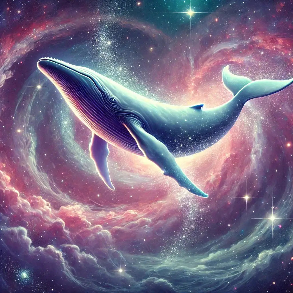 A majestic cosmic whale floating gracefully through the stars, surrounded by swirling nebulae and distant galaxies. The whale glows with soft purple.