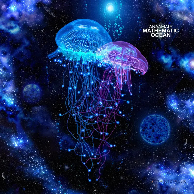 Luminous jellyfish in Mathematic Ocean with intricate tentacle patterns and solfeggio frequencies