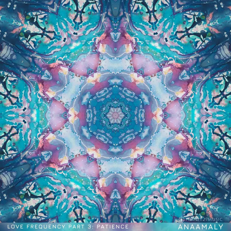 Kaleidoscopic mandala pattern in blue, purple, and pink for heart chakra meditation