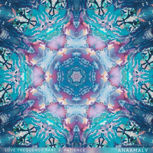 Kaleidoscopic mandala pattern in blue, purple, and pink for heart chakra meditation