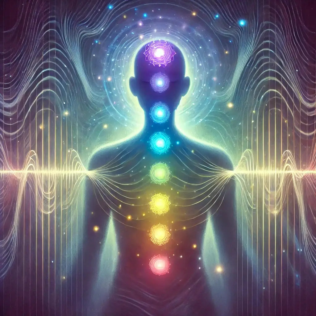 A soft visual of a human silhouette with glowing chakra points in subtle colors, surrounded by flowing, ethereal lines symbolizing sound waves. The im