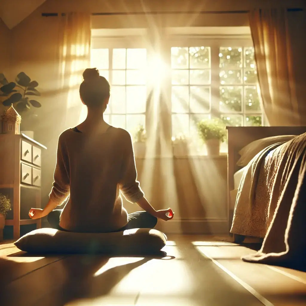 A calm, sunlit room with a person in a seated meditation posture on a cushion, surrounded by soft morning light streaming through the windows. The atm