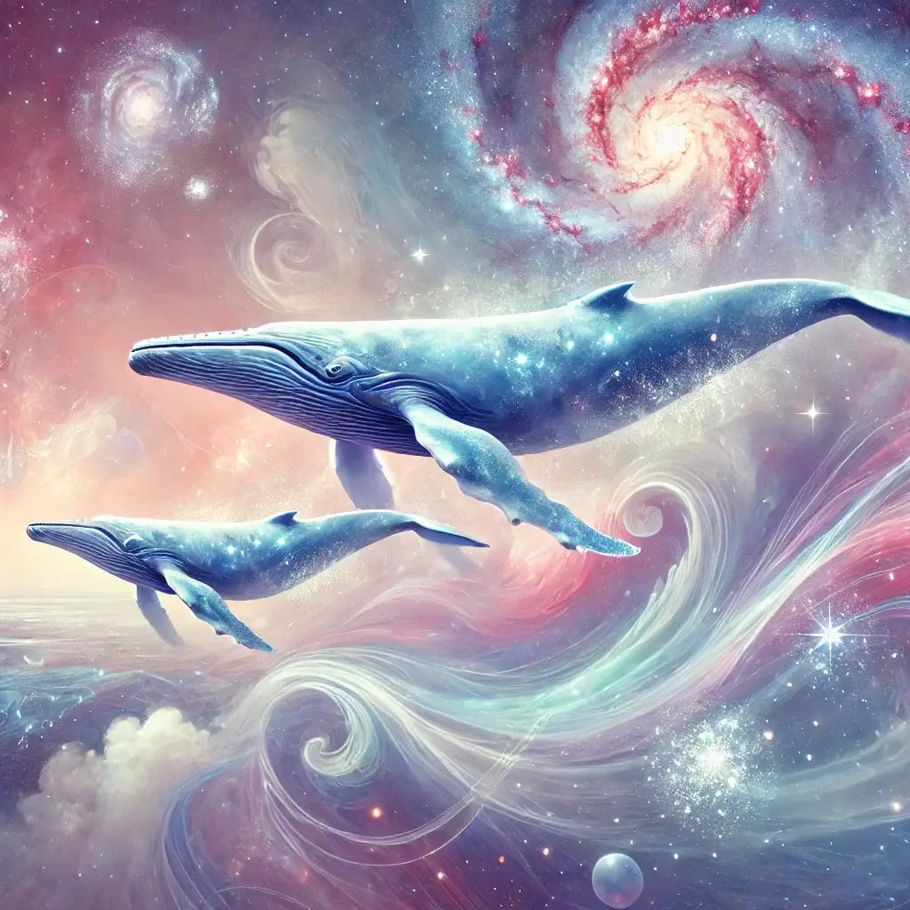 A pod of majestic cosmic whales gracefully swimming through space, merged with cosmic flow elements like swirling galaxies, stars, and vibrant nebulae